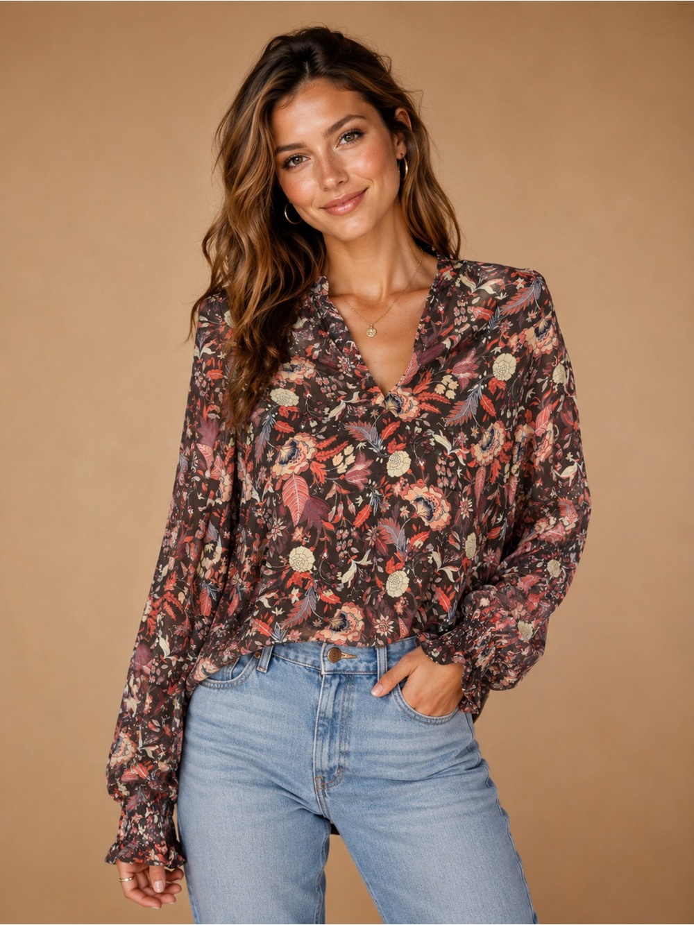 Evereve Brown Floral Split V-Neck Blouse